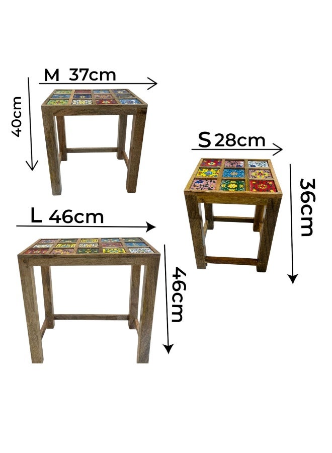 Regium Crafts Handmade Solid wood & Tiles Set of 3 Nesting Stools for Living Room,Ceramic Tile & Wooden Tables, Wooden Stools,Living Room Furniture. - Image 3